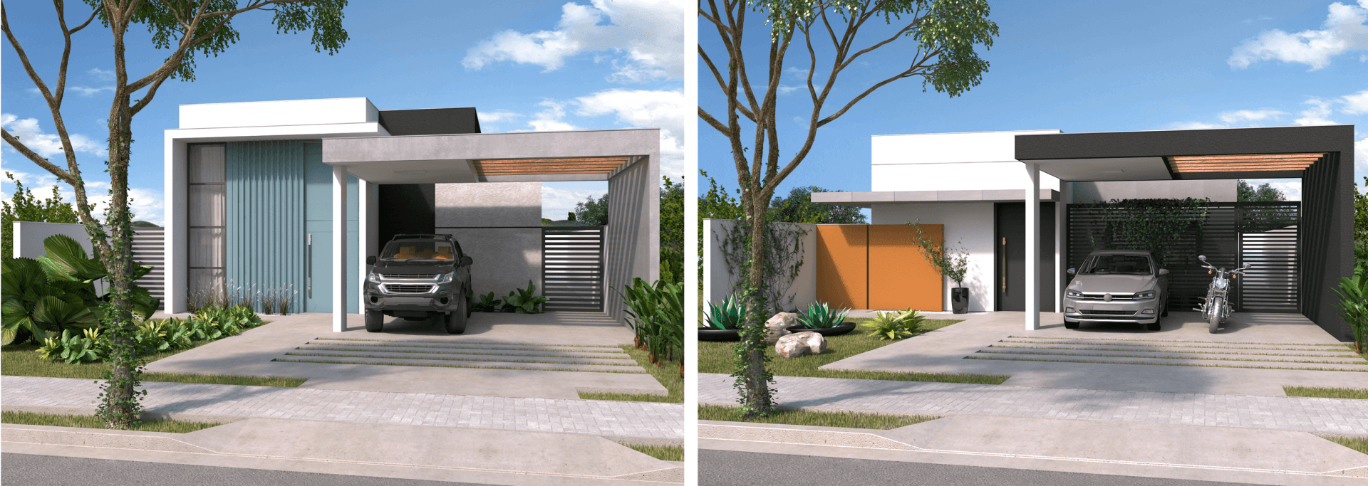 Duas fotos de uma casa com um carro estacionado na frente.