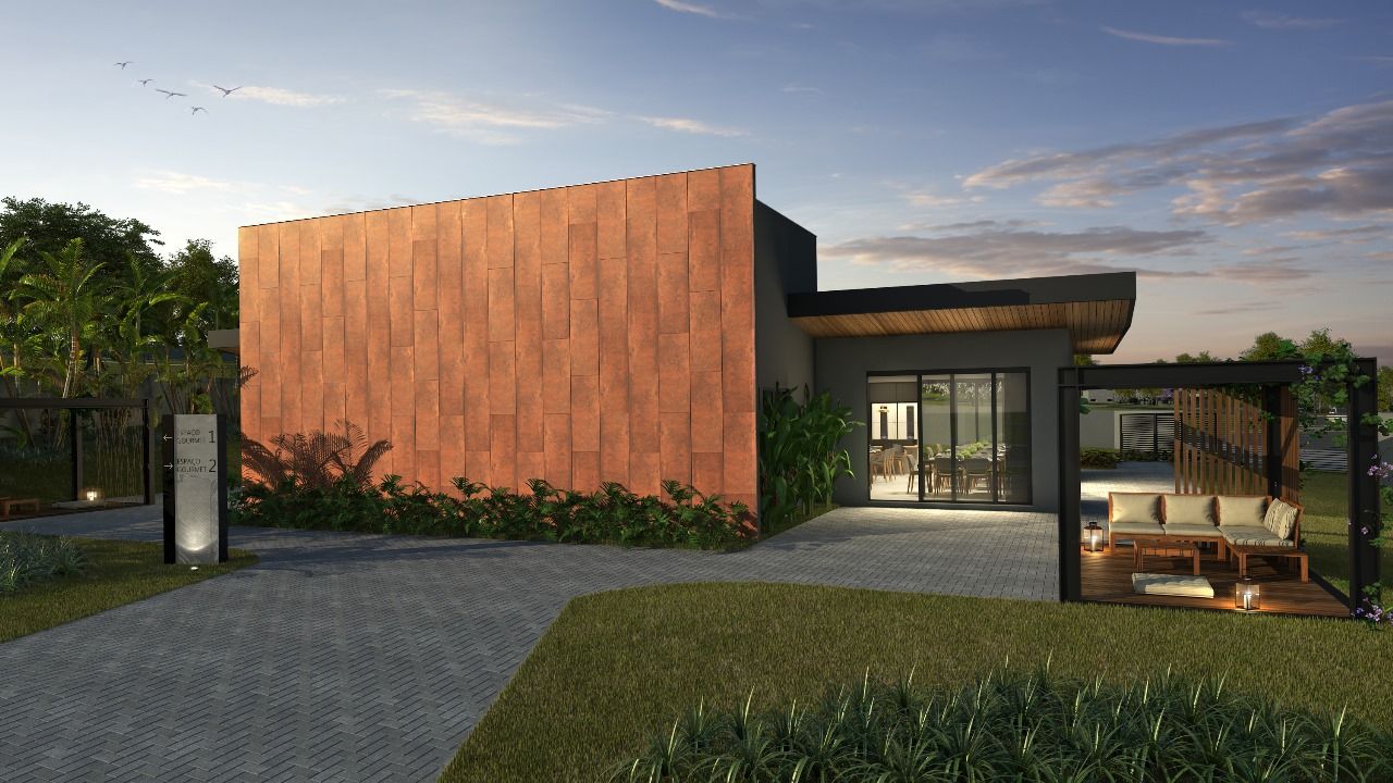 Impressão artística de uma casa moderna com uma grande parede de tijolos.