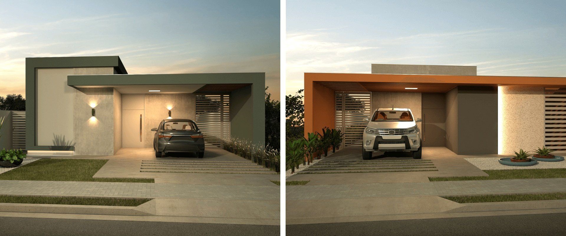 casas-de-alto-padrao Duas fotos de uma casa com um carro estacionado na frente