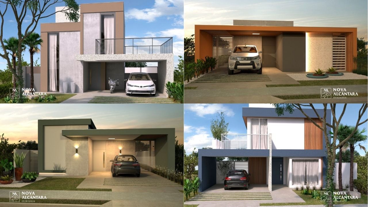 casas-nova-alcantara Uma colagem de quatro fotos de casas com carros estacionados na frente delas