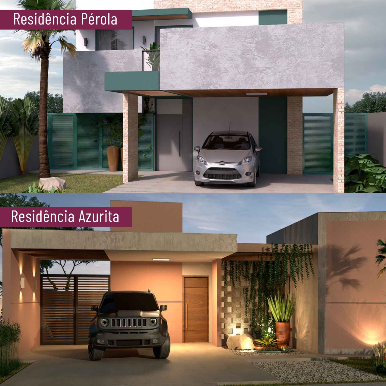comparacao-de-residencias Um carro está estacionado em frente a uma casa chamada residencia perola
