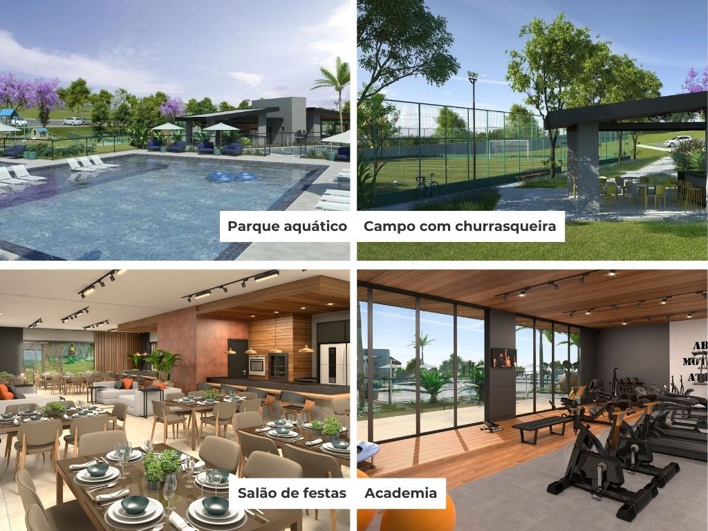 condominio-loteamento Uma colagem de quatro fotos de uma piscina, um restaurante, uma academia e uma sala de jantar.