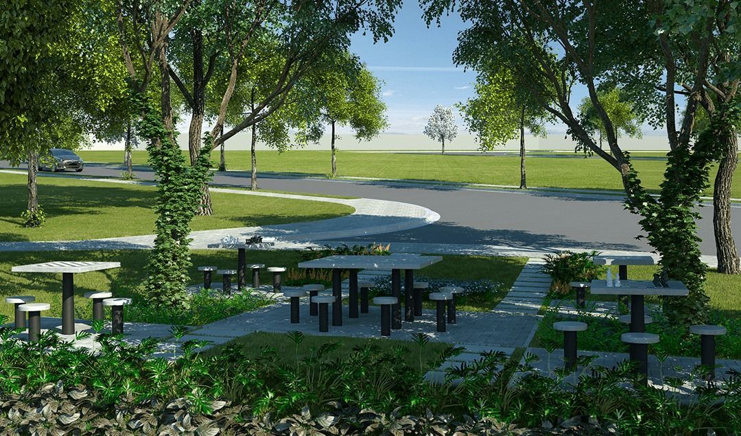 Um parque com mesas e cadeiras no meio