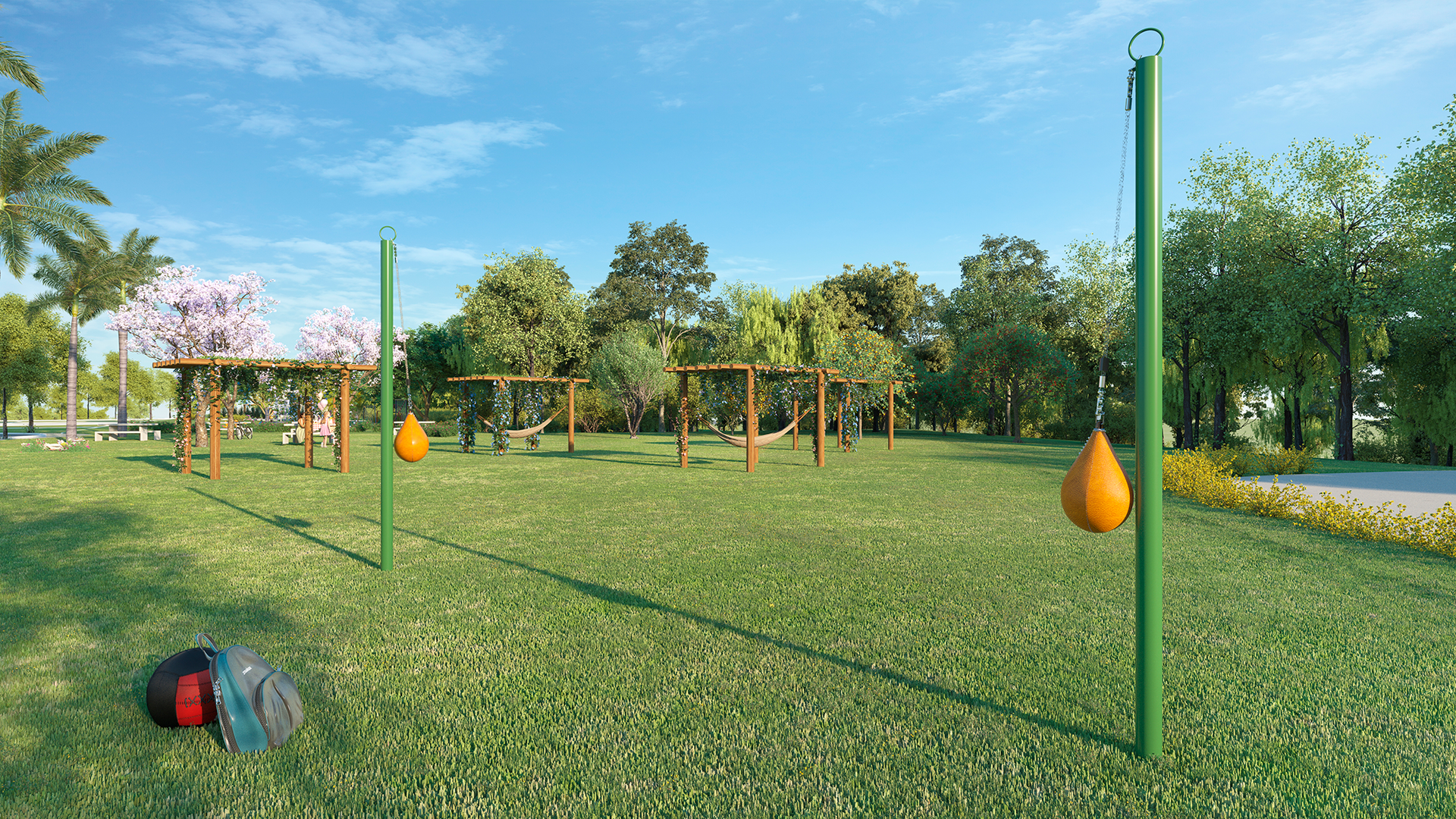 Uma impressão artística de uma quadra de vôlei em um parque.