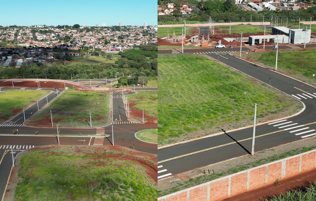 estrada Uma vista aérea de uma área residencial com uma cidade ao fundo.