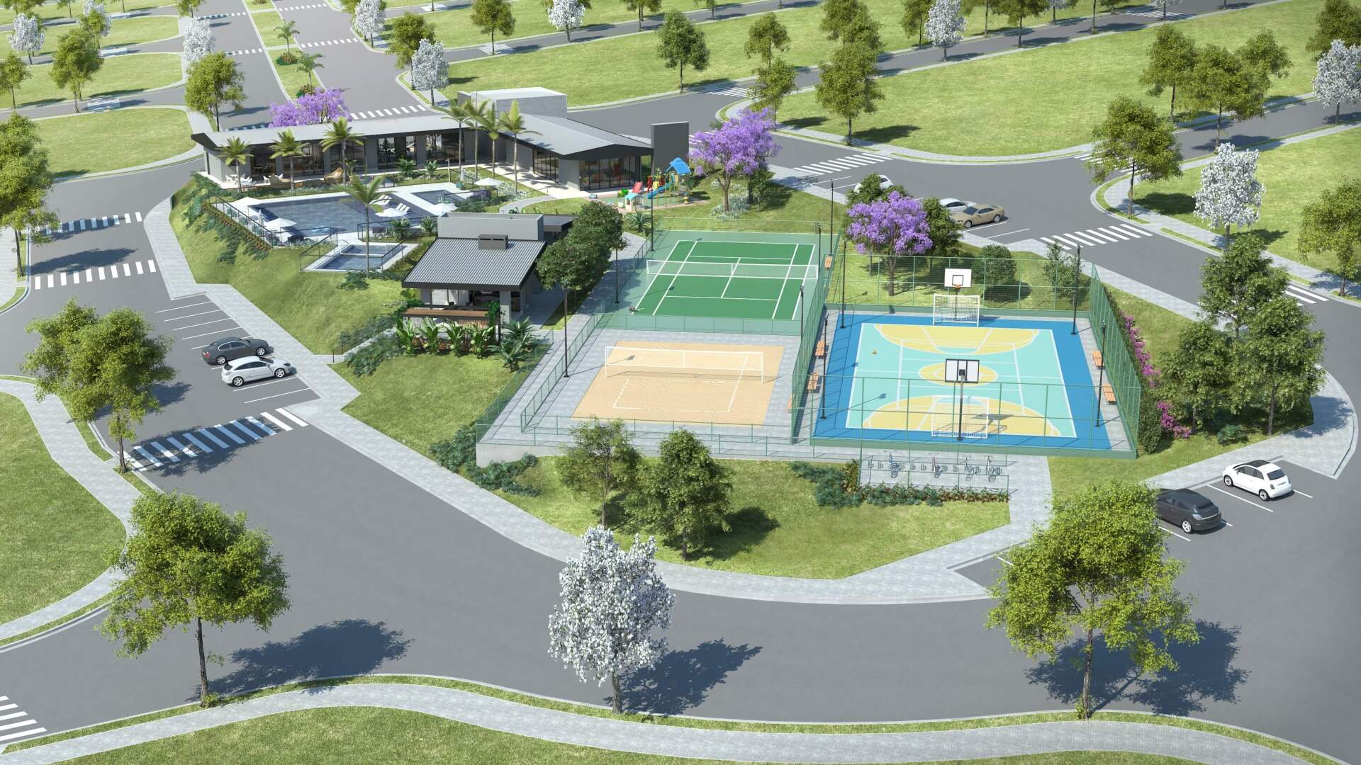 imagens-projeto Uma vista aérea de um parque com quadra de tênis e quadra de basquete.