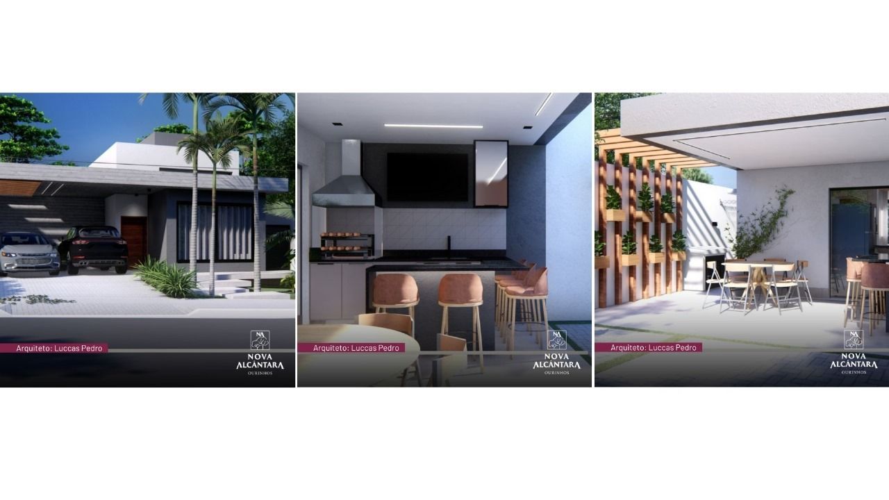 imovel-nova-alcantara Uma colagem de três fotos de uma casa com garagem, cozinha e pátio.