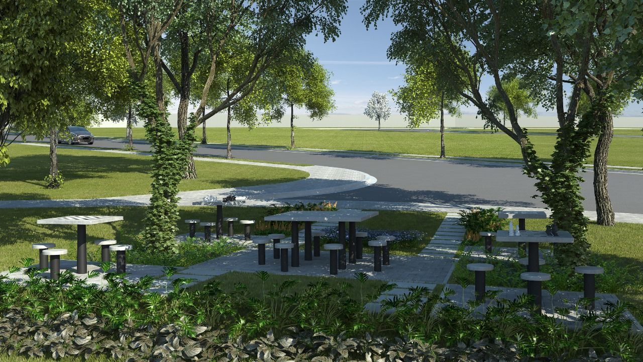 Impressão artística de um parque com mesas e bancos