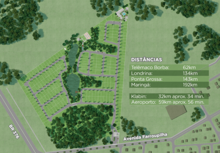 Uma vista aérea de uma área residencial com muitas árvores
