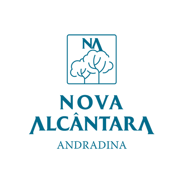A blue and white logo for nova alcantara andradina