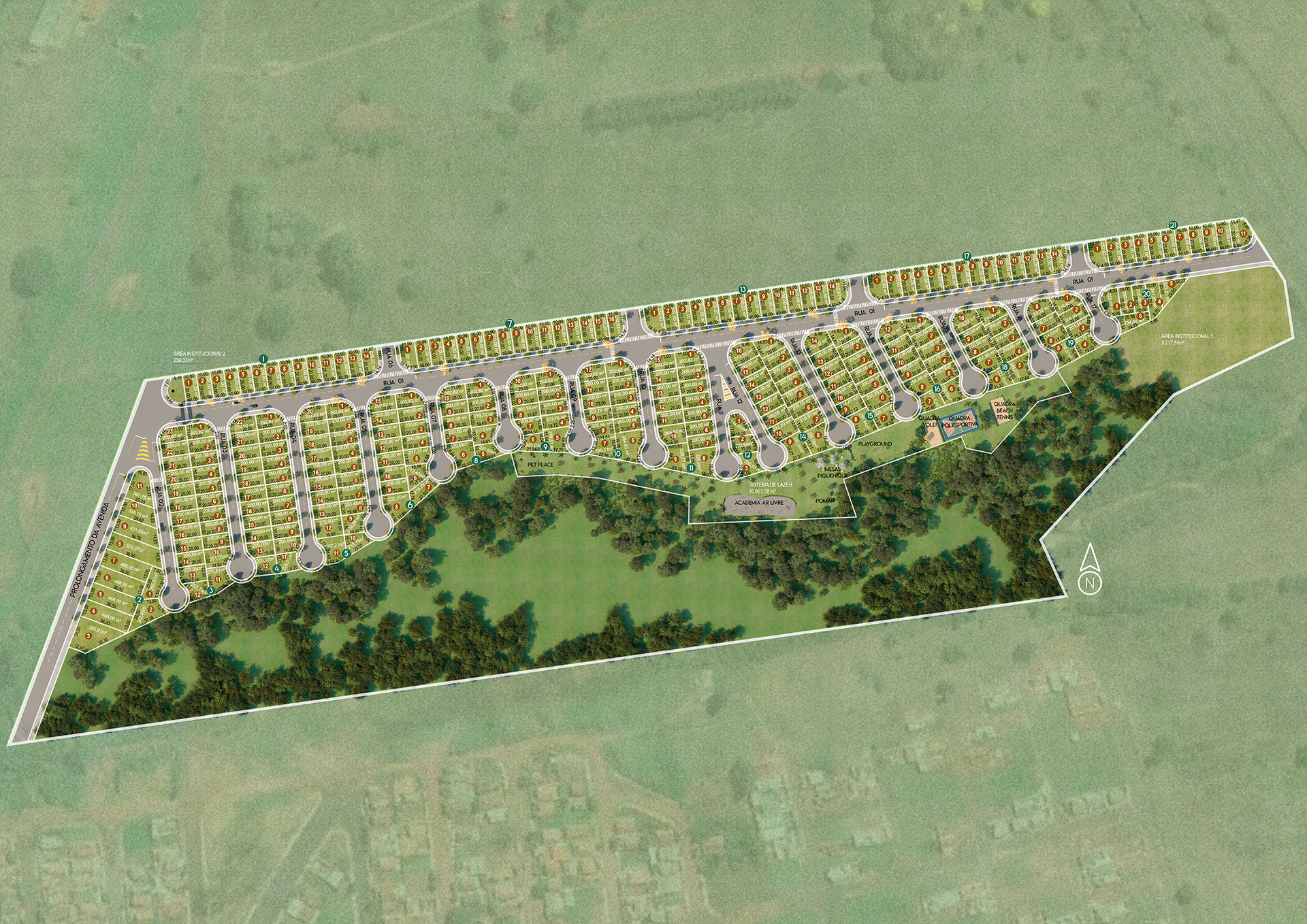 Uma vista aérea de uma área residencial com muitas casas e árvores