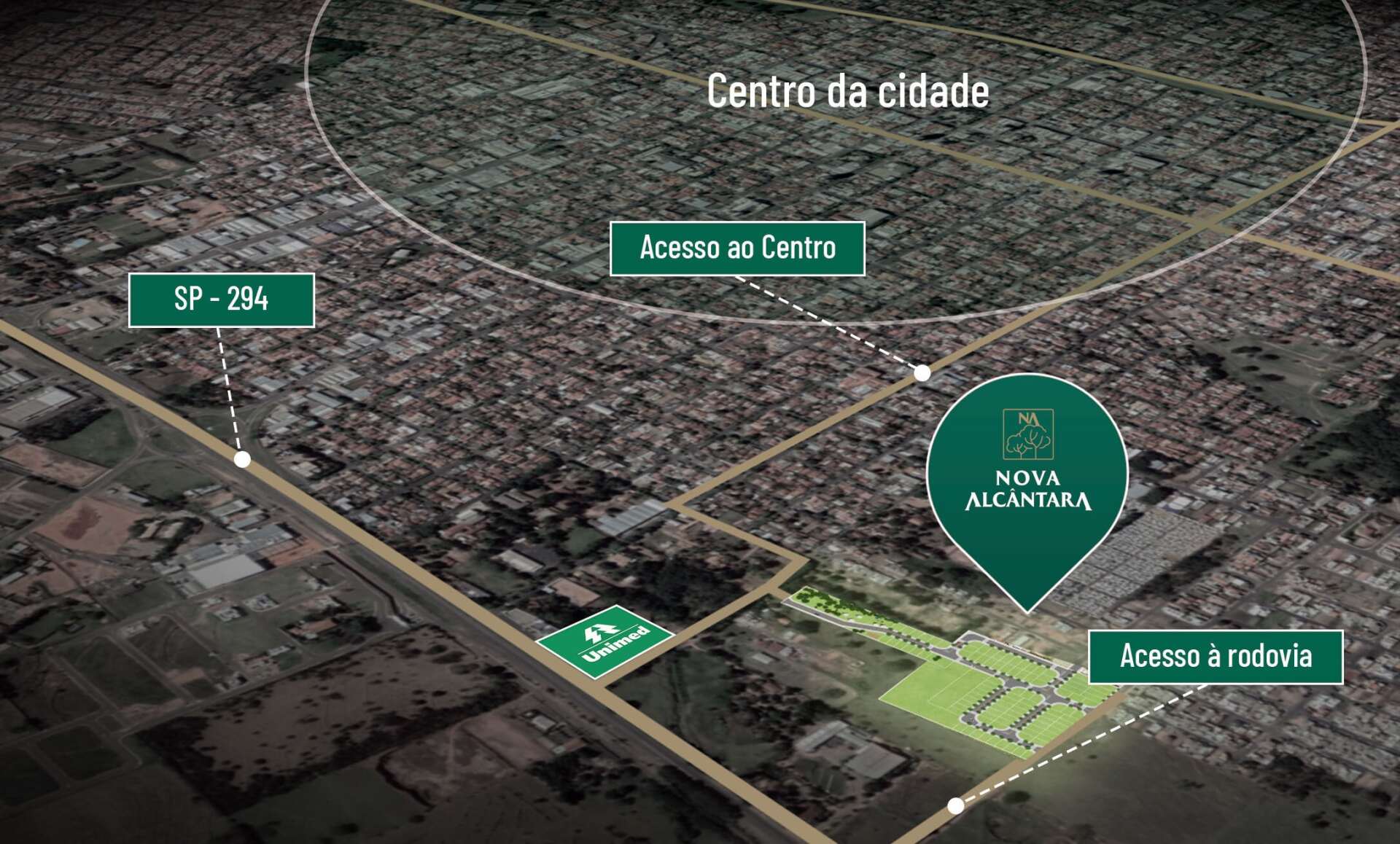 Uma vista aérea de uma cidade com uma placa verde que diz centro da cidade
