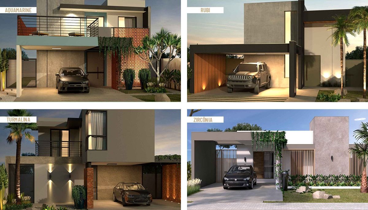 modelos-de-casas Quatro fotos de uma casa com carros estacionados na frente