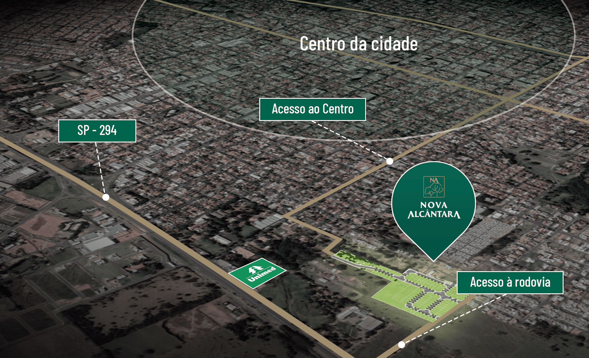 mapa-do-novaalcantara-dracena Uma vista aérea de uma cidade mostrando a localização do centro da cidade