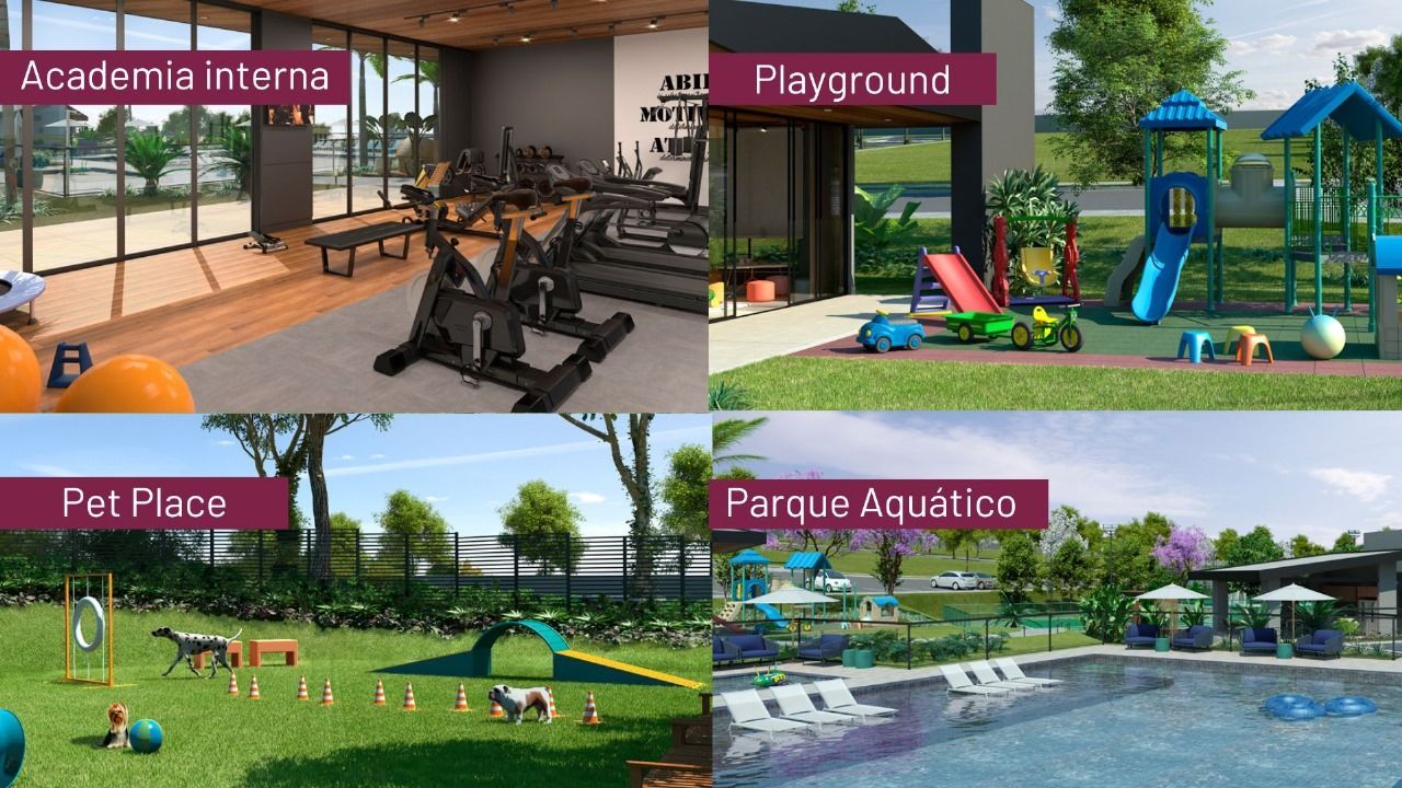 nova-alcantara-areas-de-lazer Uma colagem de quatro fotos de uma academia, playground, pet place e piscina.