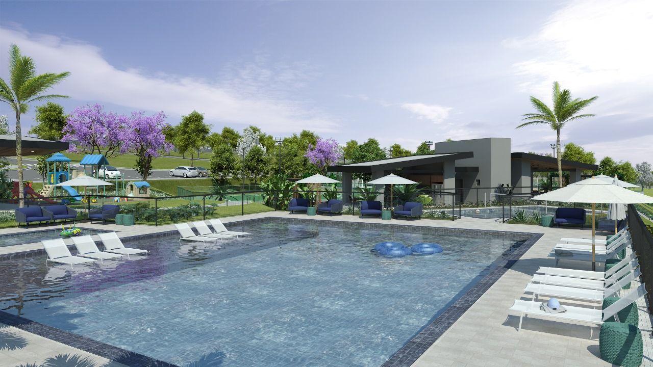 Uma impressão artística de uma grande piscina cercada por cadeiras e guarda-sóis.