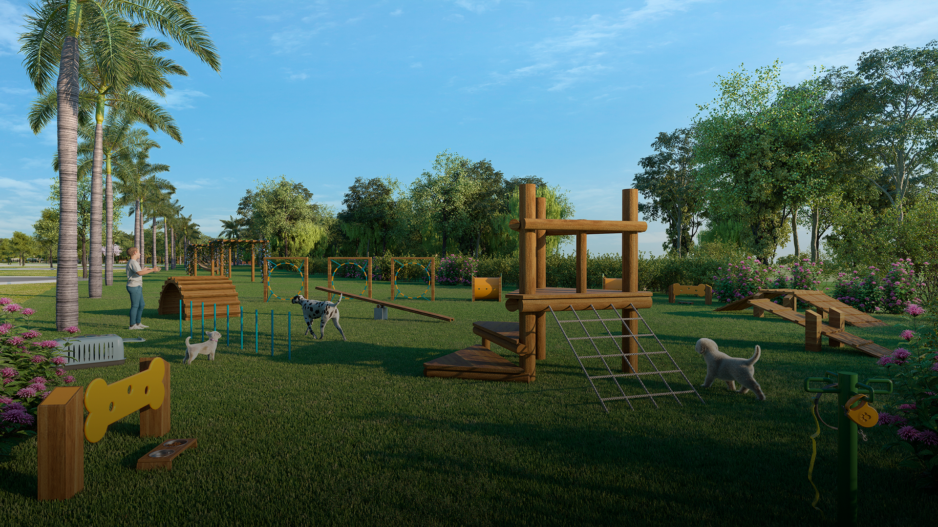 Impressão artística de um parque canino com estrutura de madeira.