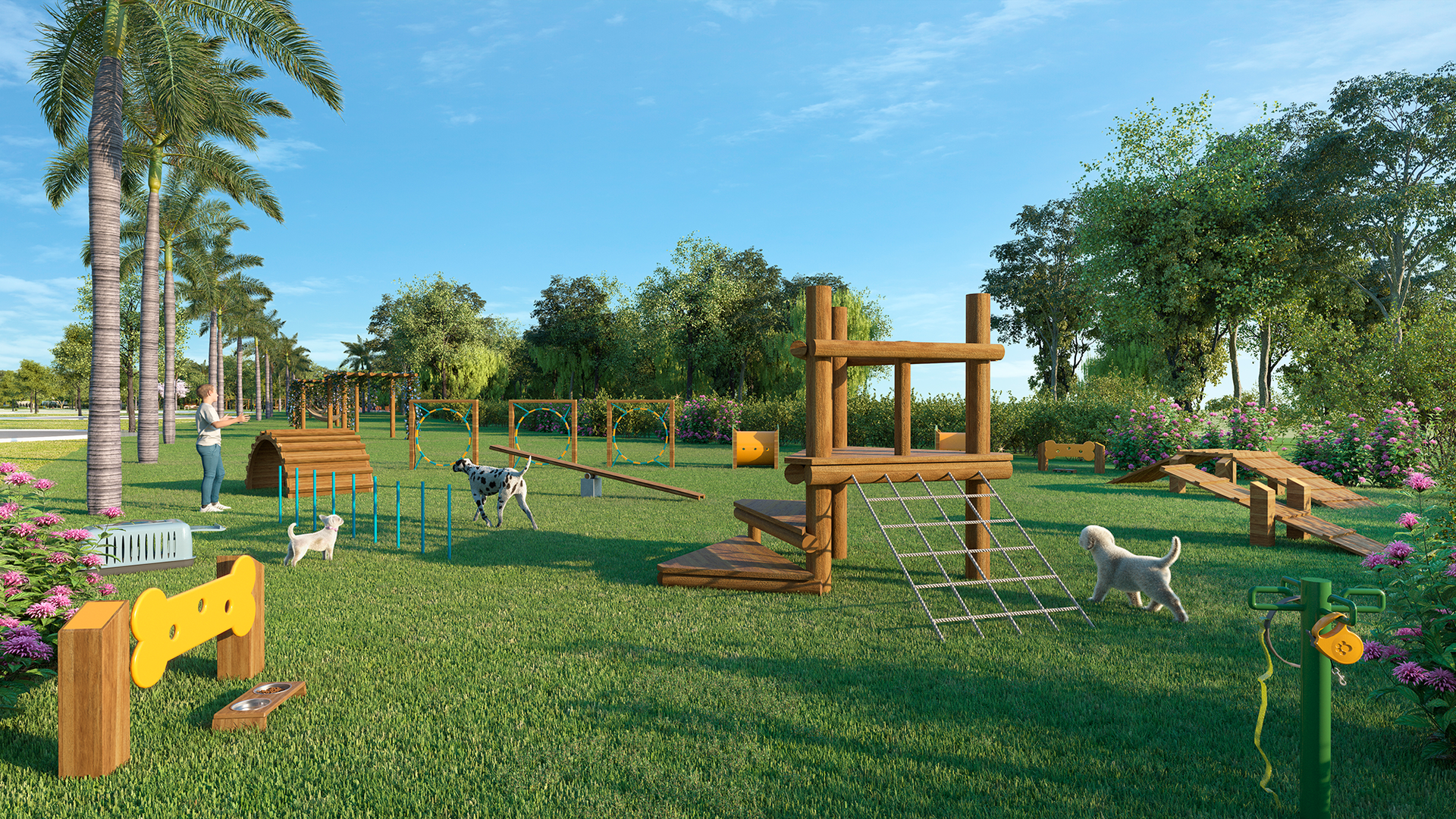 Uma impressão artística de um parque canino com muitos cães.