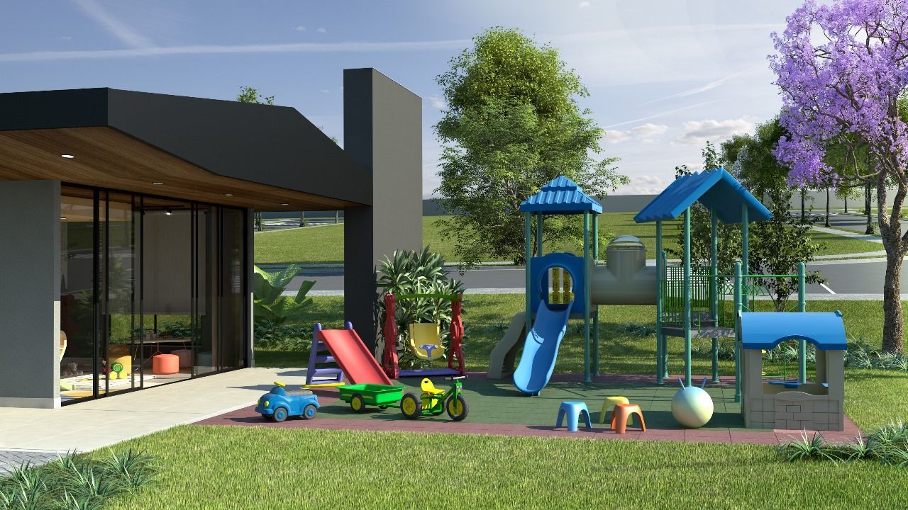 Impressão artística de um playground com uma casa ao fundo