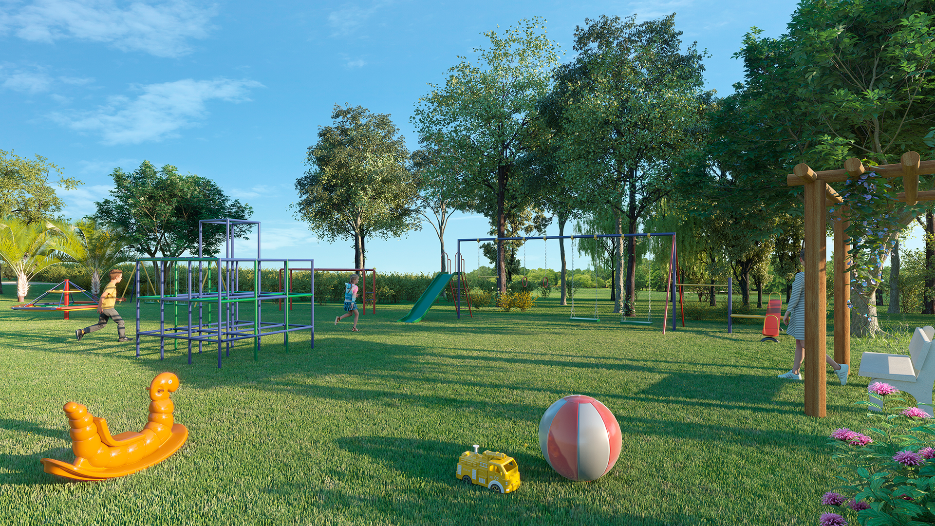 Uma impressão artística de um parque infantil num parque.