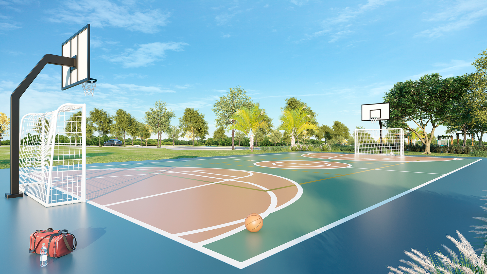 Uma impressão artística de uma quadra de basquete e um campo de futebol.