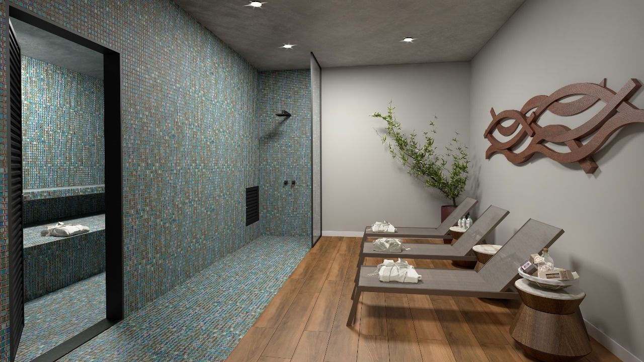 Uma impressão artística de um spa com espreguiçadeiras e chuveiro.