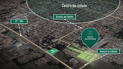 Uma vista aérea de uma cidade com um alfinete verde apontando para o centro da cidade.