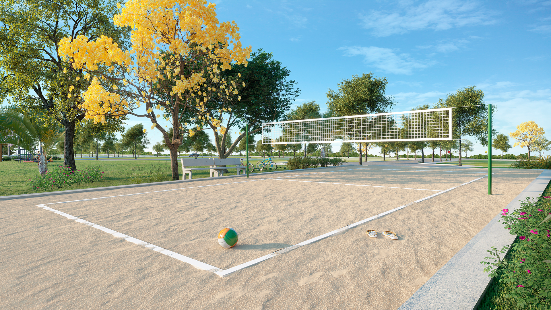 Uma impressão artística de uma quadra de vôlei em um parque.