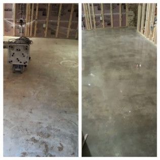 Split view of a concrete floor before and after cleaning, showing a much cleaner right side