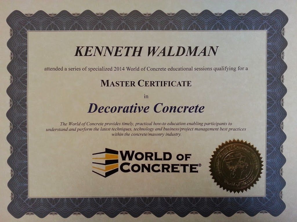 World of Concrete master certificate for decorative concrete with blue border and gold seal