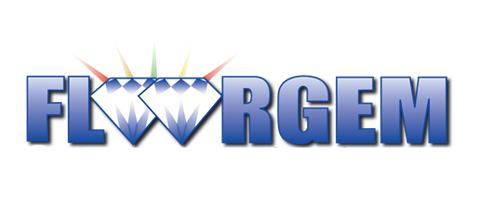 Blue metallic “FLWRGEM” logo with diamond shapes in the center