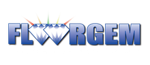 Blue metallic “FLWRGEM” logo with diamond shapes in the center