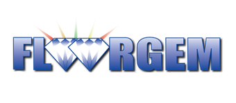 Blue metallic &ldquo;FLWRGEM&rdquo; logo with diamond shapes in the center
