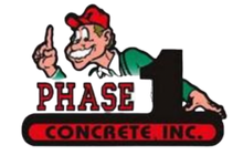 Phase 1 Concrete Inc. logo: cartoon man in red cap pointing up, on a black and red