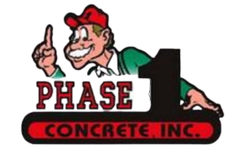Logo for Phase 1 Concrete Inc. depicts a cartoon man in a red cap pointing up, on a large black number 1 with text.