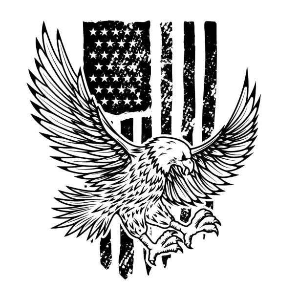 Bald eagle with outstretched wings in front of a distressed American flag.