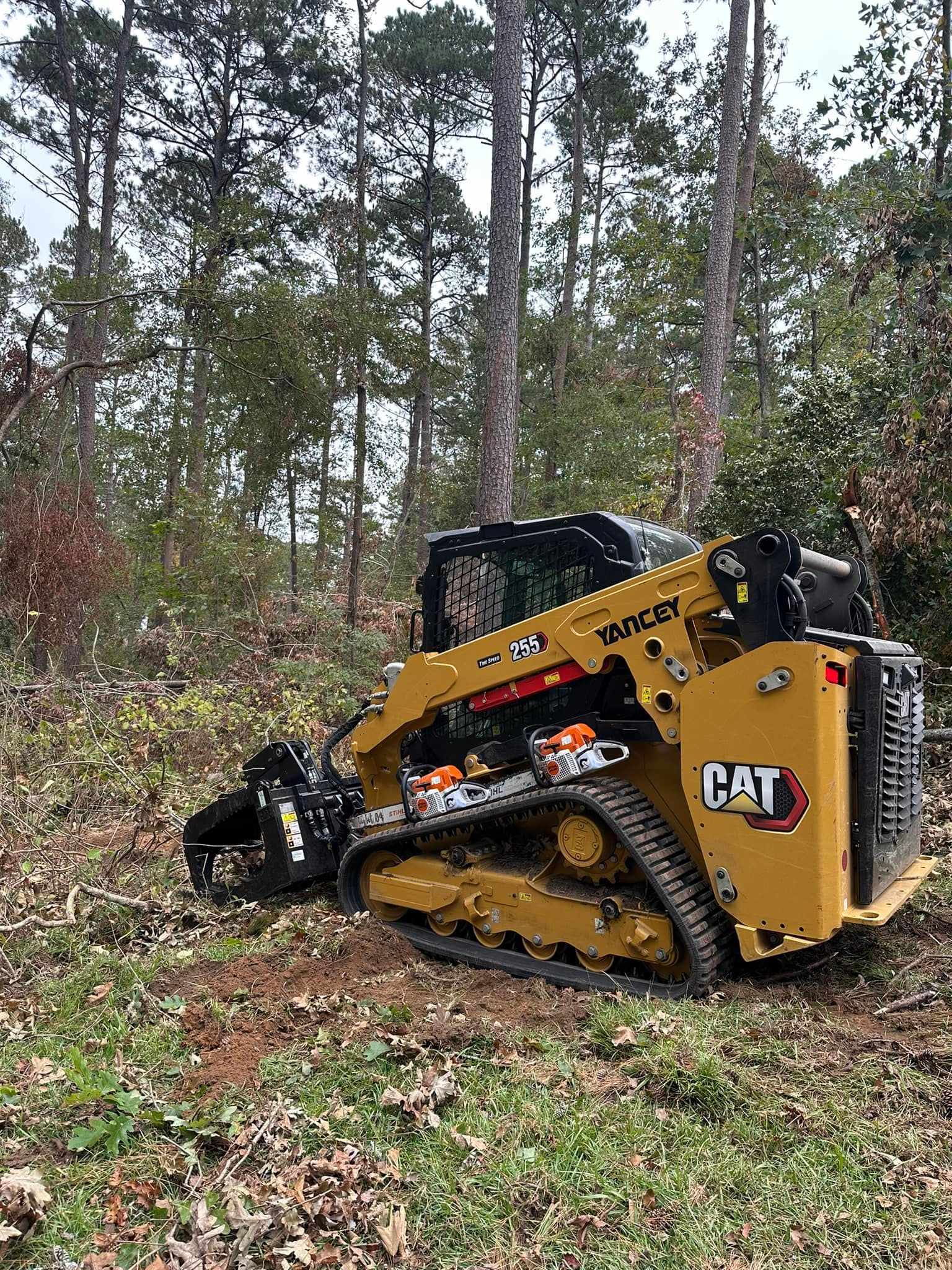 Yellow Caterpillar skid steer with a forestry cutter working in a wooded area.