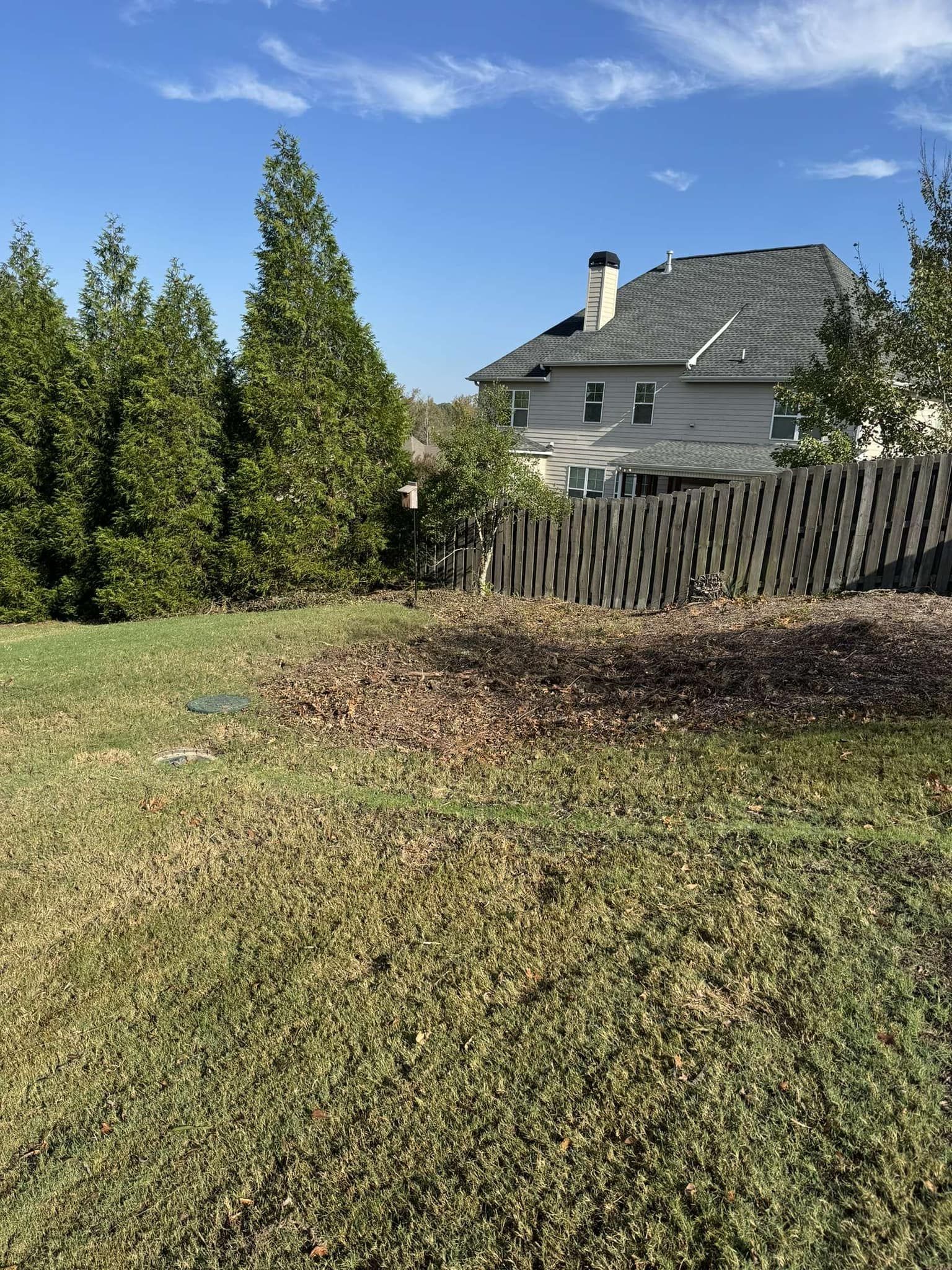 Lawn with tall trees on the left, a fence, and a two-story house with a gray roof under a blue sky.
