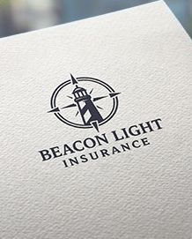 Beacon Light Insurance logo with a lighthouse compass in black on white textured paper
