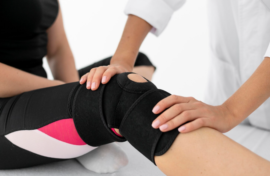 Mani che esaminano il ginocchio di un paziente, avvolto in un tutore nero, durante una seduta di terapia