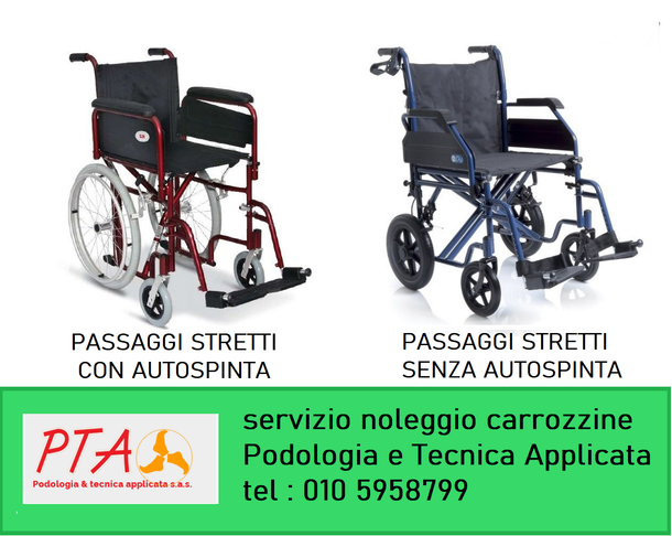 Due sedie a rotelle, una rossa con cintura di sicurezza e una blu senza, con un testo in italiano sul servizio di noleggio di sedie a rotelle.