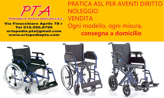 Manifesto per il noleggio e la vendita di sedie a rotelle, con tre sedie a rotelle su uno sfondo giallo e testo in italiano.