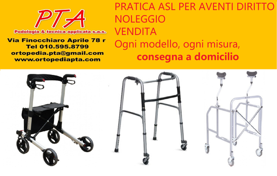 Pubblicità in italiano per il noleggio di sedie a rotelle e deambulatori, con ausili per la mobilità su uno sfondo giallo a banner.