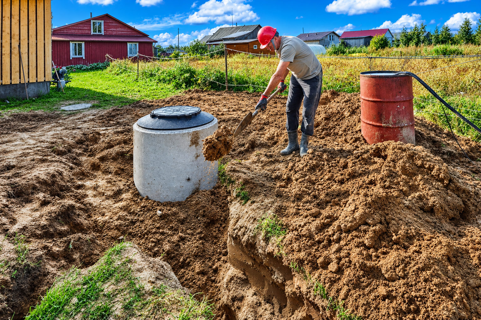Worker digging a trench beside a concrete well ring in a muddy rural yard near red houses