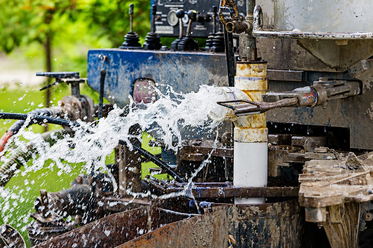 Industrial machine spraying water over stacked stone blocks outdoors