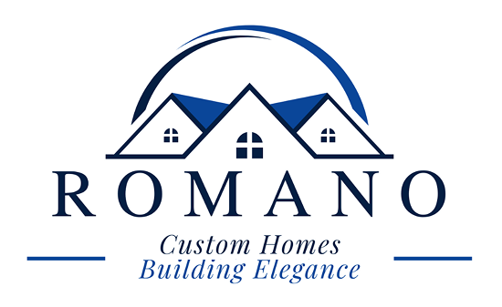 Logo for Romano Custom Homes featuring a blue house roof icon and the company name with the slogan Building Elegance.