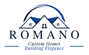 Logo for Romano Custom Homes featuring a blue house roof icon and the company name with the slogan Building Elegance.