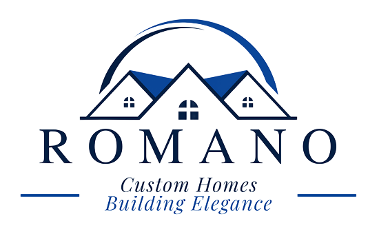 Logo for "ROMANO Custom Homes" featuring a blue house icon under an arch, with the tagline "Building Elegance."