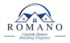 Logo for "ROMANO Custom Homes" featuring a blue house icon under an arch, with the tagline "Building Elegance."
