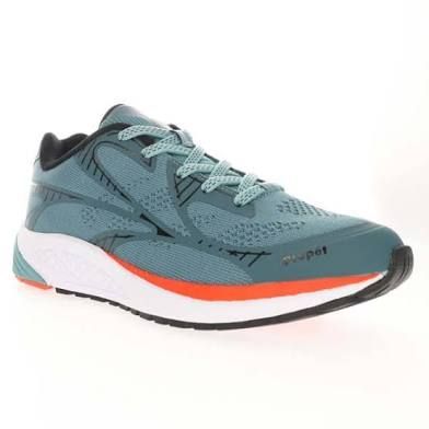 A pair of blue and orange running shoes on a white background.